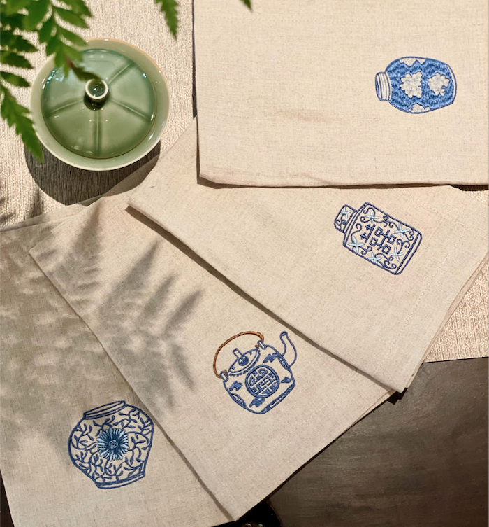 Blue & White Pots Embroidered Linen Napkins - Set of 4 Main Image